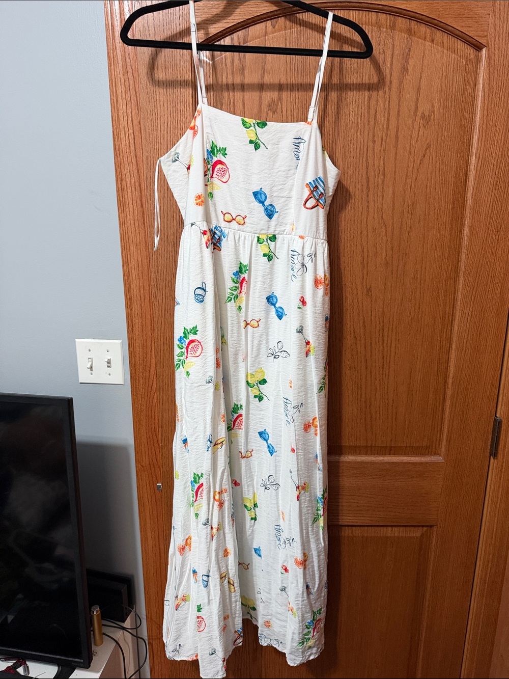 Rachel Zoe White Maxi Dress with Multicolor Fruit & Sunglasses Print